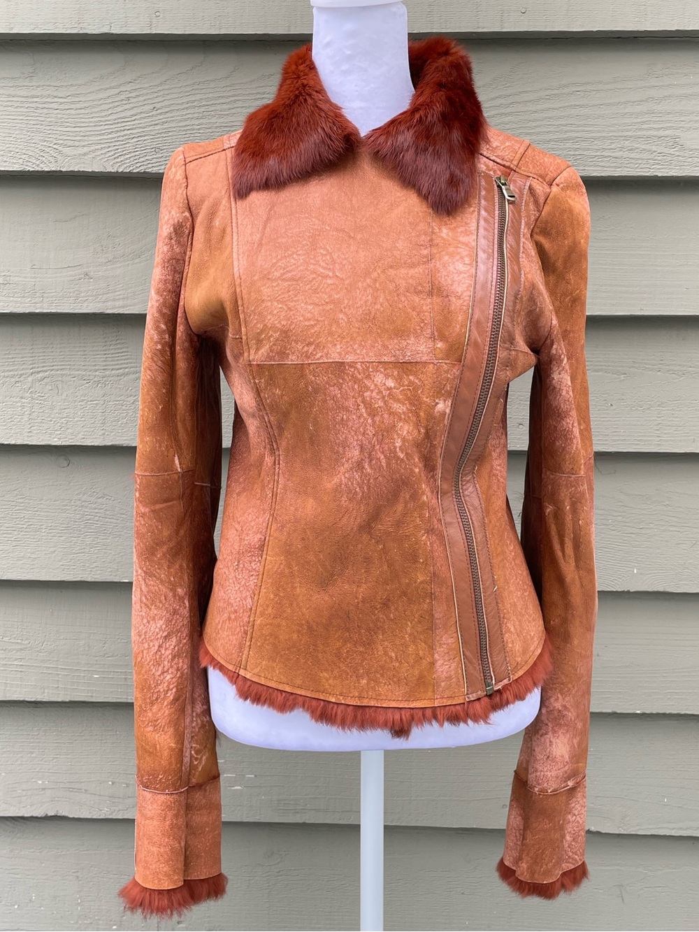 Y2K G-Brand Italy Rust Brown Shearling-Trim Leather Jacket size Small